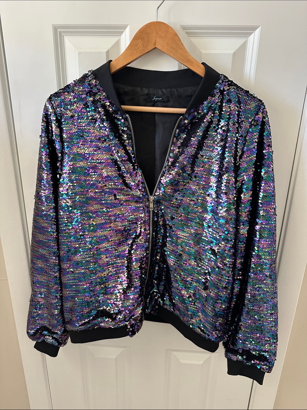 Soprano Iridescent Sequin Bomber Jacket in Black & Multi